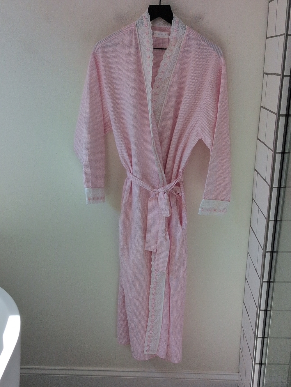 Eileen West Womens Pink Seersucker Lace Trim Cotton Lightweight Cottagecore Robe